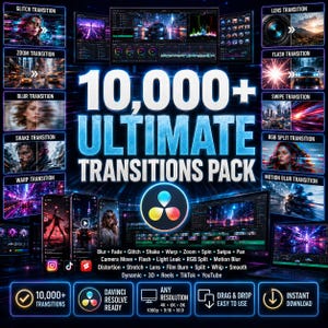 May include: A digital product display for a 10,000+ Ultimate Transitions Pack for DaVinci Resolve. The graphic features various video transition examples, a central logo, and text listing features like 4K, 6K, 8K resolution, drag and drop, and instant download.