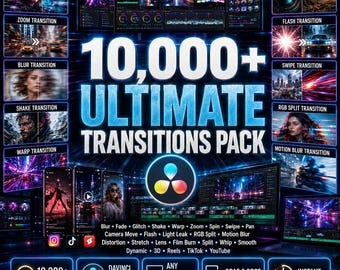 Paquete definitivo de más de 10 000 transiciones para DaVinci Resolve / Efectos de desenfoque, fundido, efecto glitch, zoom, agitación, distorsión, lente, flash, división RGB y desenfoque de movimiento