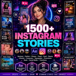 以下が含まれることがあります： ネオンピンクとブルーのアクセントが特徴の1500種類以上のInstagramストーリーテンプレートを含むデジタルマーケティングバンドル。グラフィックには、さまざまなソーシャルメディアカテゴリ、After Effectsの互換性、ビジネス、ファッション、フィットネスのアイコンが表示されています。