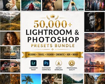 Paquete de más de 50.000 ajustes preestablecidos para Lightroom y Photoshop / Bodas, viajes, moda, cinematografía, HDR, ambiente, ajustes preestablecidos para Instagram / Descarga instantánea