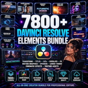 May include: A digital promotional graphic for a 7800+ DaVinci Resolve elements bundle. The image features the text 7800+ DAVINCI RESOLVE ELEMENTS BUNDLE, surrounded by various thumbnails of video effects, transitions, and motion graphics.