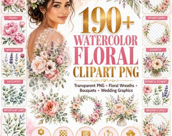 Más de 190 flores de acuarela y clipart floral PNG transparente / Elementos de coronas florales / Paquete de diseño digital para bodas, invitaciones