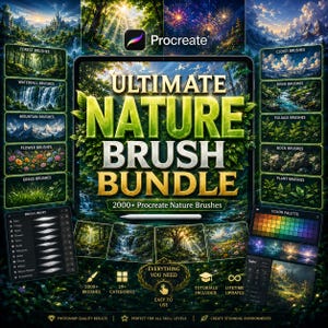 May include: A digital product display for the Ultimate Nature Brush Bundle for Procreate, featuring 2000+ brushes across 29 categories. The graphic includes a brush library panel, a color palette, and various nature-themed landscape illustrations.