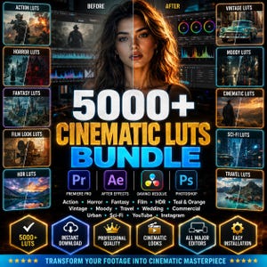 May include: A digital product advertisement for a 5000+ Cinematic LUTs bundle featuring a split-screen portrait of a person, software icons for Premiere Pro, After Effects, DaVinci Resolve, and Photoshop, and various categorized thumbnail previews.