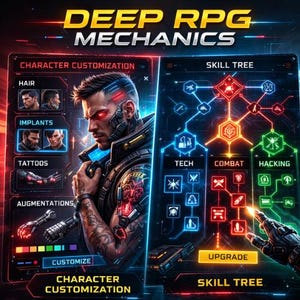 Puede incluir: Gr&aacute;fico digital que muestra "DEEP RPG MECHANICS". La imagen se divide en dos secciones: personalizaci&oacute;n de personajes con opciones para cabello, implantes, tatuajes y aumentos, y un &aacute;rbol de habilidades con opciones de tecnolog&iacute;a, combate y hacking. Un personaje futurista.