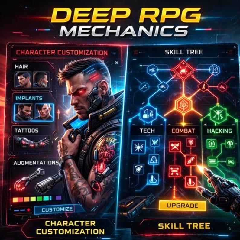 Puede incluir: Gr&aacute;fico digital que muestra "DEEP RPG MECHANICS". La imagen se divide en dos secciones: personalizaci&oacute;n de personajes con opciones para cabello, implantes, tatuajes y aumentos, y un &aacute;rbol de habilidades con opciones de tecnolog&iacute;a, combate y hacking. Un personaje futurista.