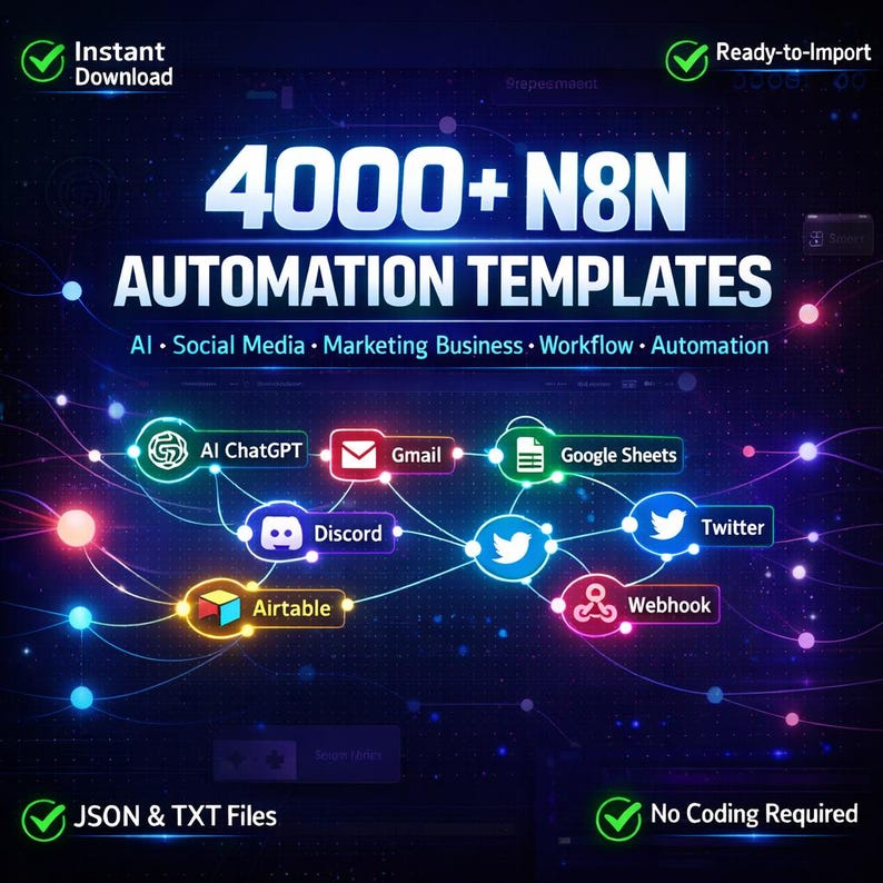 Puede incluir: Gr&aacute;fico digital con el texto "4000+ N8N AUTOMATION TEMPLATES" en blanco. Los iconos de AI ChatGPT, Gmail, Google Sheets, Discord, Twitter y Webhook est&aacute;n conectados por l&iacute;neas. La imagen promociona la descarga instant&aacute;nea y plantillas de automatizaci&oacute;n listas para importar.