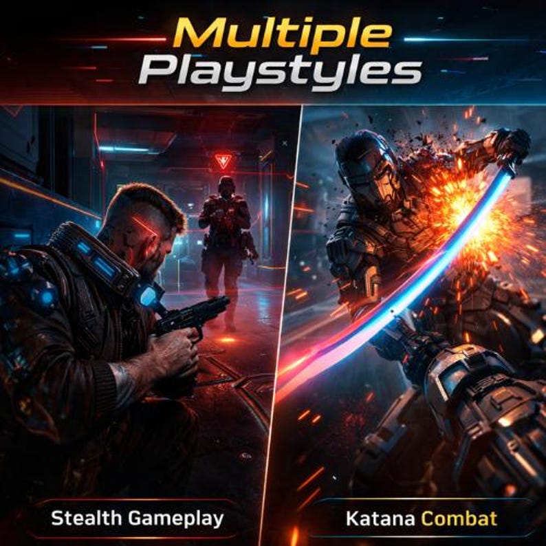 Puede incluir: Una obra de arte digital llena de acci&oacute;n que muestra dos estilos de juego distintos. El texto superior dice "Multiple Playstyles". Una escena representa un juego de sigilo con un personaje sosteniendo un arma. La otra escena muestra un combate con katana con un personaje empu&ntilde;ando una espada brillante.