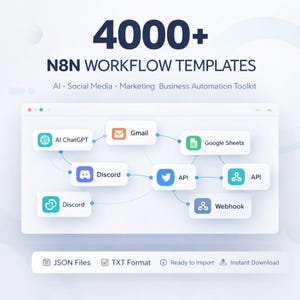 Puede incluir: Un gr&aacute;fico digital que muestra un diagrama de flujo de trabajo con el texto "4000+ N8N WORKFLOW TEMPLATES". El diagrama incluye iconos para AI ChatGPT, Gmail, Discord, Google Sheets, Twitter API y Webhook. El texto adicional incluye "AI, Social Media, Marketing, Business Automation Toolkit."