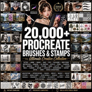 May include: A digital collection of 20,000+ Procreate brushes and stamps featuring a central illustration of a person holding a tablet and stylus. The layout includes numerous small thumbnail previews of various artistic styles, textures, and design elements.