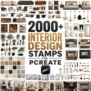 May include: A digital collection of 2000+ interior design stamps for Procreate, featuring various furniture items, lighting fixtures, mirrors, kitchen layouts, architectural elements, hardware, and material swatches displayed in a grid layout.