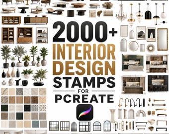 Paquete de más de 2000 sellos de diseño de interiores para Procreate, pinceles de diseño de interiores, distribución de habitaciones, muebles, planos de planta, arquitectura y elementos de decoración del hogar.