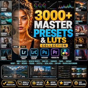 May include: A digital collection of 3000+ master presets and LUTs for photo and video editing software including Lightroom, Photoshop, Premiere Pro, and DaVinci Resolve. The graphic features text overlays, software icons, and preview panels.