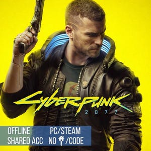 Puede incluir: Imagen promocional del videojuego Cyberpunk 2077. La imagen presenta a un hombre con aspecto futurista, sosteniendo un arma, sobre un fondo amarillo brillante. El logotipo del juego se muestra en amarillo y verde, con el texto "2077".