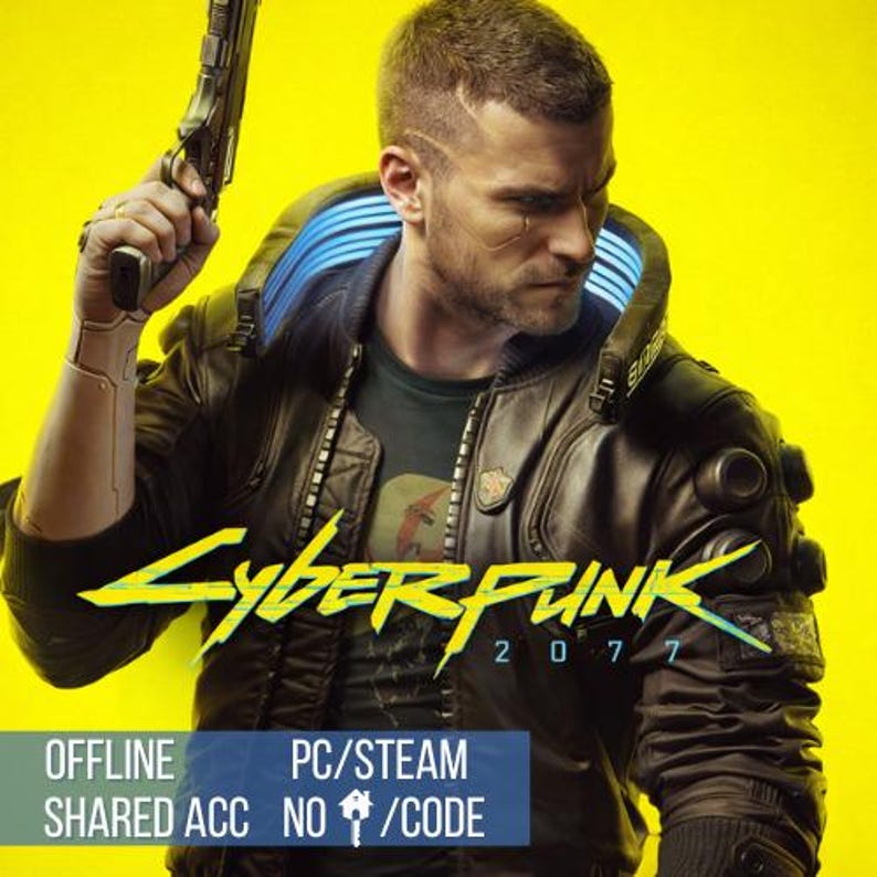 Puede incluir: Imagen promocional del videojuego Cyberpunk 2077. La imagen presenta a un hombre con aspecto futurista, sosteniendo un arma, sobre un fondo amarillo brillante. El logotipo del juego se muestra en amarillo y verde, con el texto "2077".
