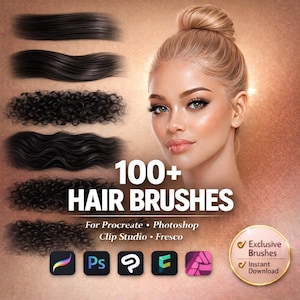 Puede incluir: Gráfico digital que muestra a una mujer rubia y ejemplos de texturas de cabello oscuro. El texto dice "100+ HAIR BRUSHES" y enumera la compatibilidad del software: Procreate, Photoshop, Clip Studio y Fresco. Incluye insignias de "Exclusive Brushes" e "Instant Download".
