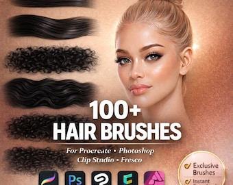 Más de 100 pinceles profesionales para Procreate y Photoshop / Bordes realistas, cabello afro, sellos para peinados / Paquete de pinceles para retratos