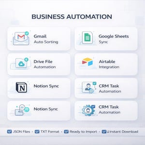 Puede incluir: Un gr&aacute;fico que ilustra la automatizaci&oacute;n empresarial. La imagen incluye iconos para Gmail, Google Sheets, Drive File, Airtable, Notion y tareas de CRM, con texto descriptivo. La parte inferior de la imagen indica "JSON Files", "TXT Format", "Ready to Import" y "Instant Download".