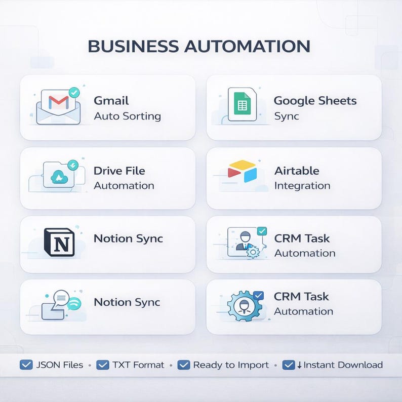 Puede incluir: Un gr&aacute;fico que ilustra la automatizaci&oacute;n empresarial. La imagen incluye iconos para Gmail, Google Sheets, Drive File, Airtable, Notion y tareas de CRM, con texto descriptivo. La parte inferior de la imagen indica "JSON Files", "TXT Format", "Ready to Import" y "Instant Download".