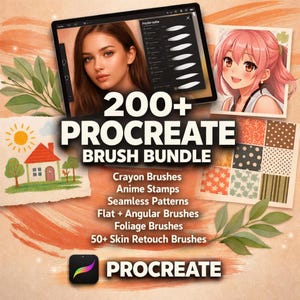200+ Procreate-penselpaket | Kritor, animestämplar, sömlösa mönster och 50+ hudretuscheringspenslar för digital konst