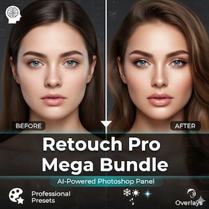 Puede incluir: Imagen que compara el rostro de una mujer antes y después de la edición fotográfica. El texto dice "Retouch Pro Mega Bundle" con "AI-Powered Photoshop Panel" debajo. El texto adicional incluye "Professional Presets" y "Overlays".