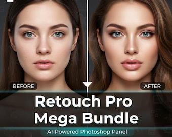 Paquete Retouch Pro Mega para Adobe Photoshop / Piel, ojos, cabello, labios y ropa con IA / Panel de retoque fotográfico avanzado / Ajustes preestablecidos, superposiciones y desenfoque