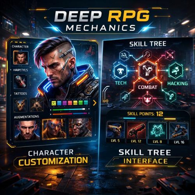 Puede incluir: Interfaz digital para un juego de rol, con opciones de personalizaci&oacute;n de personajes y un &aacute;rbol de habilidades. La interfaz muestra retratos de personajes, puntos de habilidad y varios niveles de habilidad. El texto "DEEP RPG MECHANICS" est&aacute; en la parte superior.