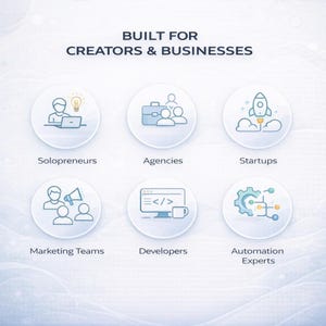 Puede incluir: Imagen con el texto "BUILT FOR CREATORS & BUSINESSES" e iconos que representan a emprendedores individuales, agencias, startups, equipos de marketing, desarrolladores y expertos en automatizaci&oacute;n. Los iconos son de color azul claro.