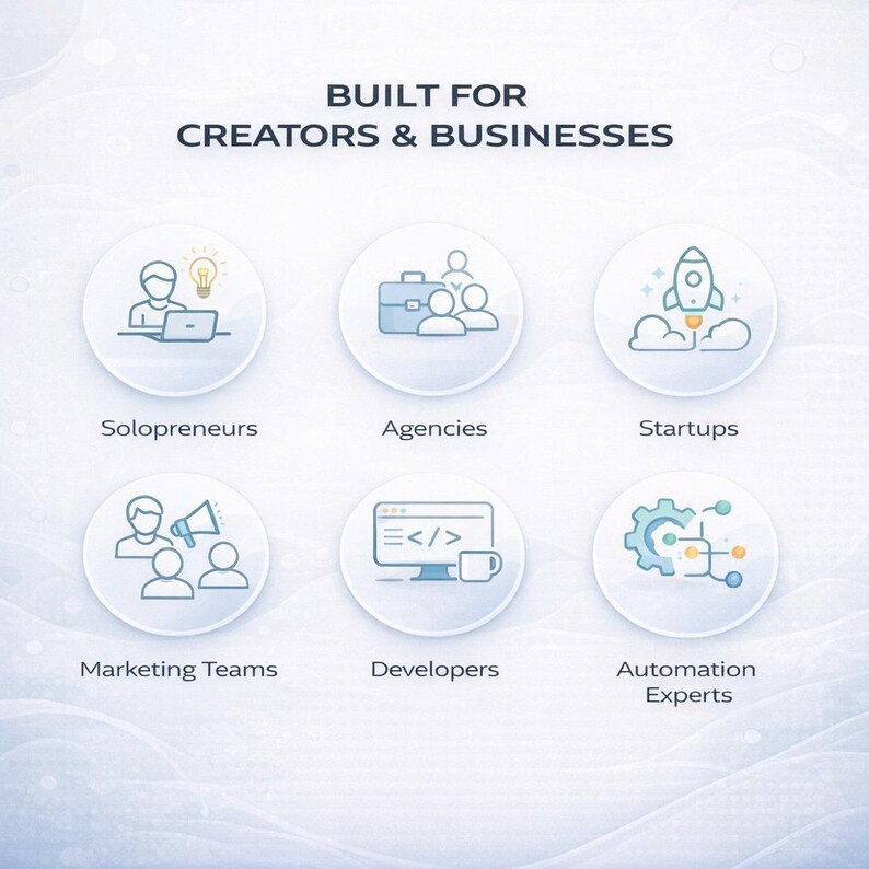 Puede incluir: Imagen con el texto "BUILT FOR CREATORS & BUSINESSES" e iconos que representan a emprendedores individuales, agencias, startups, equipos de marketing, desarrolladores y expertos en automatizaci&oacute;n. Los iconos son de color azul claro.