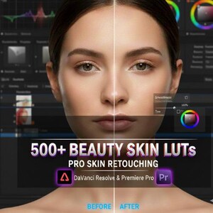 May include: Image showcasing a split-screen comparison of a woman's face, labeled "Before" and "After" skin retouching. Text overlay reads "500+ BEAUTY SKIN LUTS" and "PRO SKIN RETOUCHING", with software logos. The image highlights beauty enhancement.