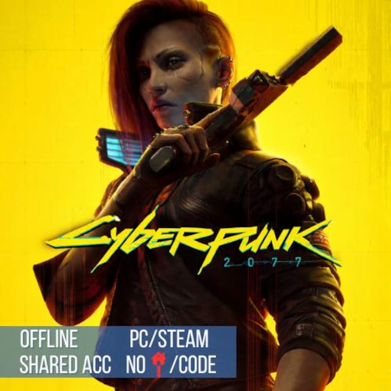 Puede incluir: Una mujer con cabello rojo y un lado rapado sostiene un arma futurista, sobre un fondo amarillo vibrante. El t&iacute;tulo del juego "Cyberpunk 2077" se muestra en verde ne&oacute;n. El texto en la parte inferior dice "OFFLINE SHARED ACC NO /CODE PC/STEAM".
