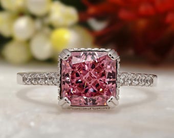 Radiant Cut Pink Moissanite Engagement Ring, Hidden Halo Pave Band, White Gold Bridal Ring