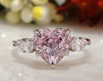 Heart Shaped Pink Diamond Engagement Ring – Three Stone Pear Cut White Gold Promise Ring