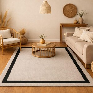 Cream Hand Tufted Rug | Minimalist Black Border Area Carpet