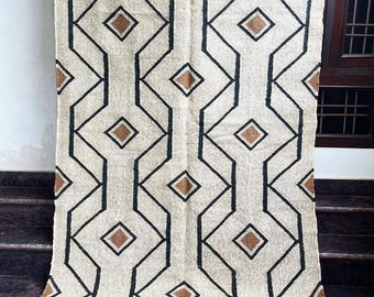 Alfombra Kilim grande hecha a mano, tejida a mano, de lana y yute, Kilim Dhurrie, con motivos orientales, tradicionales indios, geométricos y bohemios.