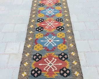 Tappeto Kilim fatto a mano, multicolore; tappeto in iuta, tappeto in lana Kilim Dhurrie; tappeto tradizionale, personalizzato, 2,5x22, 2,5x26, 2,5x30 piedi, tappeto per scale