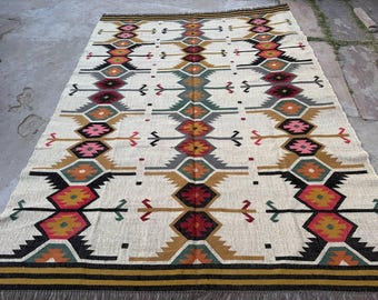 Vintage wollen jute kelimtapijt, handgeweven, wol- en jutetapijt handgemaakt, kelim dhurrie-tapijt, traditioneel Indiaas jutetapijt