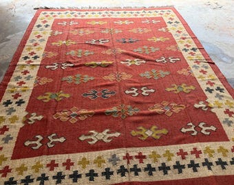 Wool Jute Rug Kilim Area Rug Handmade Kilim Runner Rug Boho Hallway Rug  Vintage Kitchen Rug Outdoor Handwoven Wool Rug Custom Size 8x10 Ft