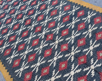 Handwoven Wool Jute Kilim Rug - Bohemian Geometric Area Rug, Tribal Vintage Carpet, Handmade Flatweave Floor Decor, Natural Fiber Runner
