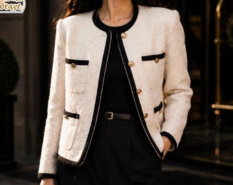 Women’s Tweed Jacket Old Money Style Blazer Elegant Korean Minimalist Luxury White Cropped Coat