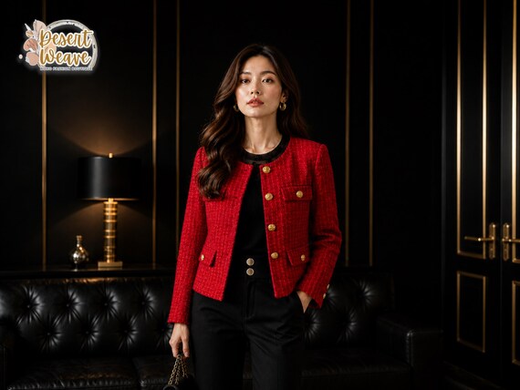 Women Red Tweed Jacket | Textured Button Front Coat | Smart Casual Wear | Office Outfit Layer | Chic Daily Style | Elegant Short Blazer