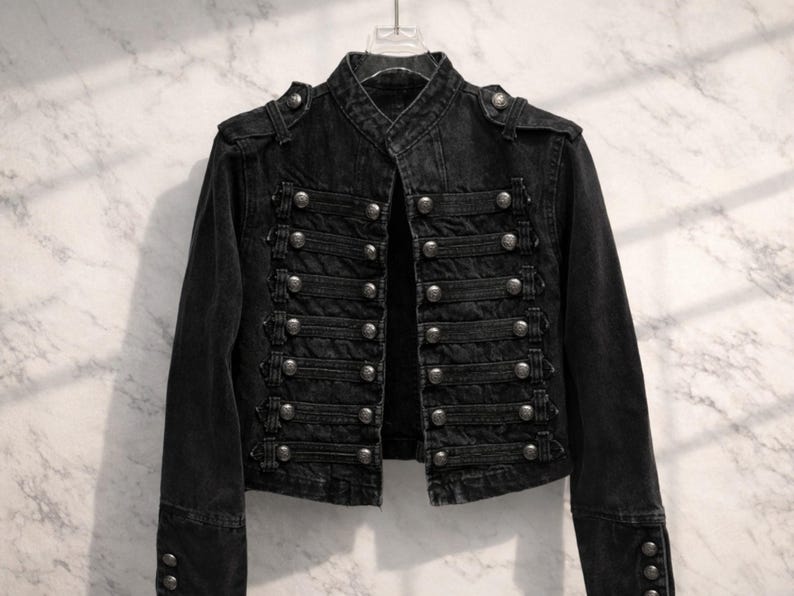 May include: Black denim jacket with a military-inspired design. The jacket features a mandarin collar, multiple rows of silver-colored buttons, and epaulettes on the shoulders. The sleeves have buttoned cuffs. The jacket is hanging against a marble-patterned background.