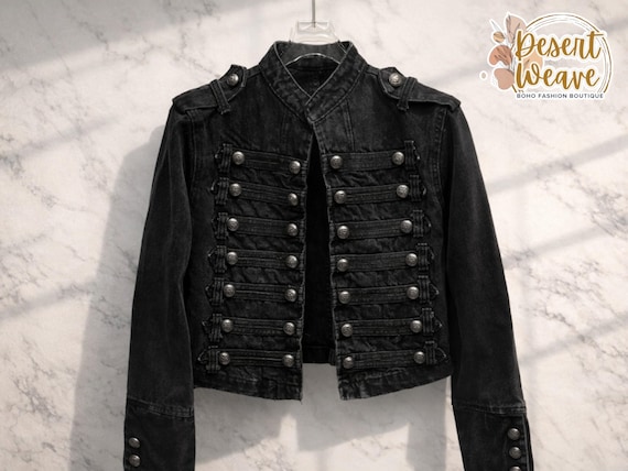 Black Cropped Denim Jacket | Stand Collar Button Front Punk Statement Wear