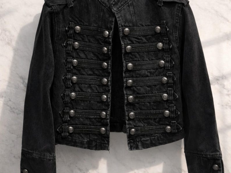 May include: Black denim jacket with a military-inspired design. The jacket features multiple rows of silver-colored buttons and decorative straps. The jacket has a structured fit with a high collar and long sleeves.