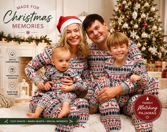 May include: Matching family pajamas featuring a white, red, and navy blue Nordic-inspired pattern with reindeer and geometric shapes. The set includes long-sleeved tops and pants with grey cuffs. Text reads Made for Christmas Memories and Family Matching Pajamas.