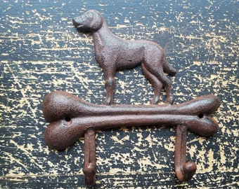 Cast Iron Dog Wall Hook Dog & Bone Shapes 2 Hooks Rustic Brown Finish, Great Dog Leash and Harness Hanger Coat Hook Keyholder Pet Decor