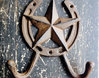 Western Cast Iron Double Wall Hook, Texas Star, Barn Star, Horse Shoe, Horseshoe,, Western, Cowboy Decor, Horse Lover 6.55 "X6.5"x 1.12" LG