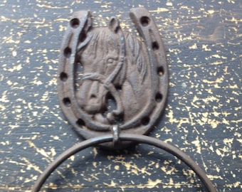 Cast Iron Towel Ring Holder Towel Hook Western Cowboy Decor Horse Horseshoe Bath Fixture Cabin Decor Rustic Wall Hook