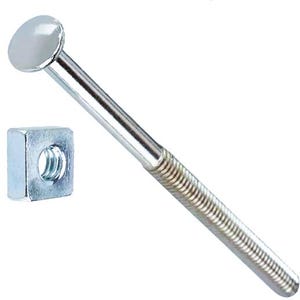May include: A shiny, silver carriage bolt with a rounded head and threaded shaft, paired with a square nut. The bolt is designed for securing materials together. The hardware is shown against a white background.