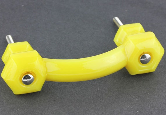 6 Lemon Yellow Milk Glass Depression Cabinet Pulls Drawer Handles Vintage Style